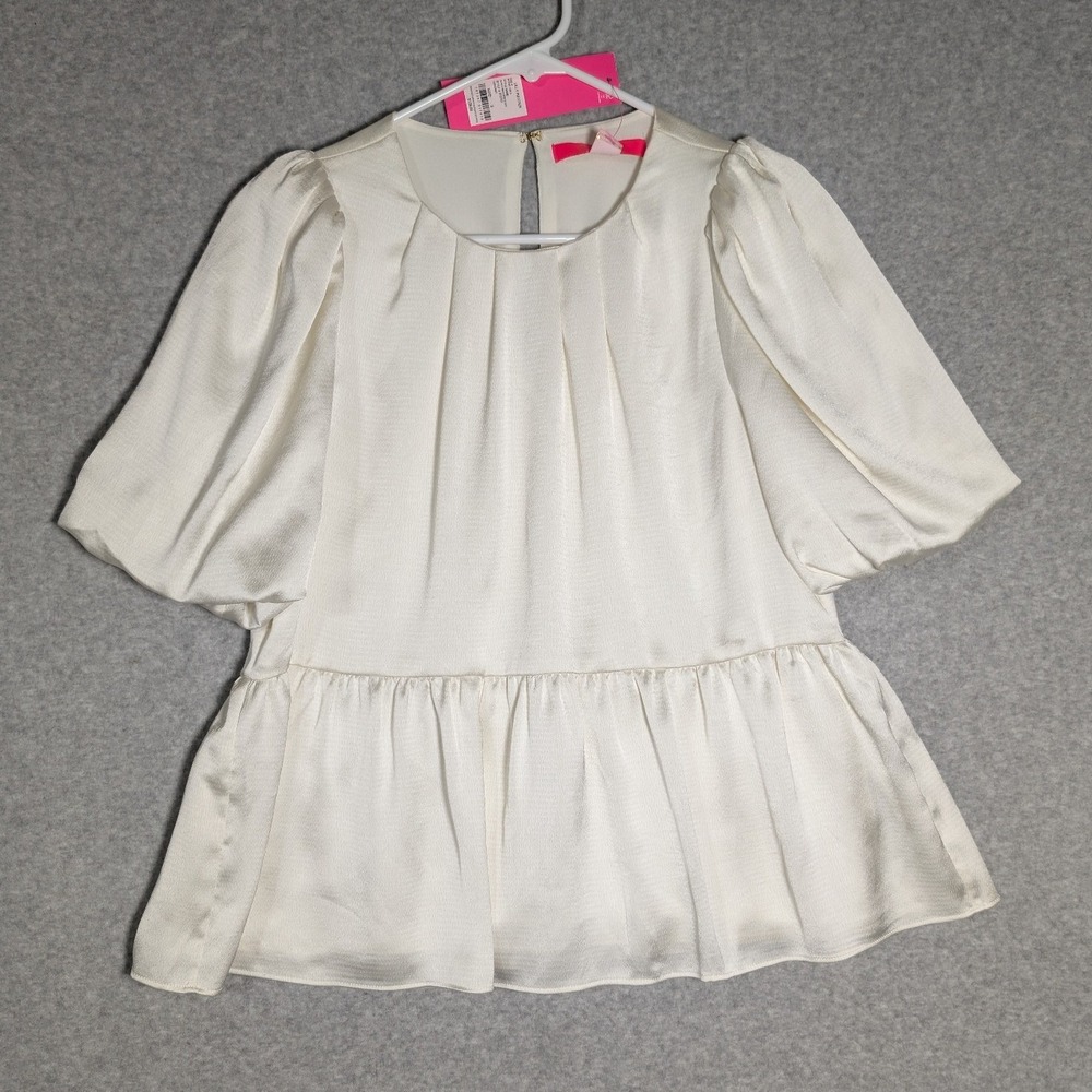 Lilly‎ Pulitzer Blouse Womens 0 Coconut Blakelynn Elbow Sleeve Peplum Satin NWT
